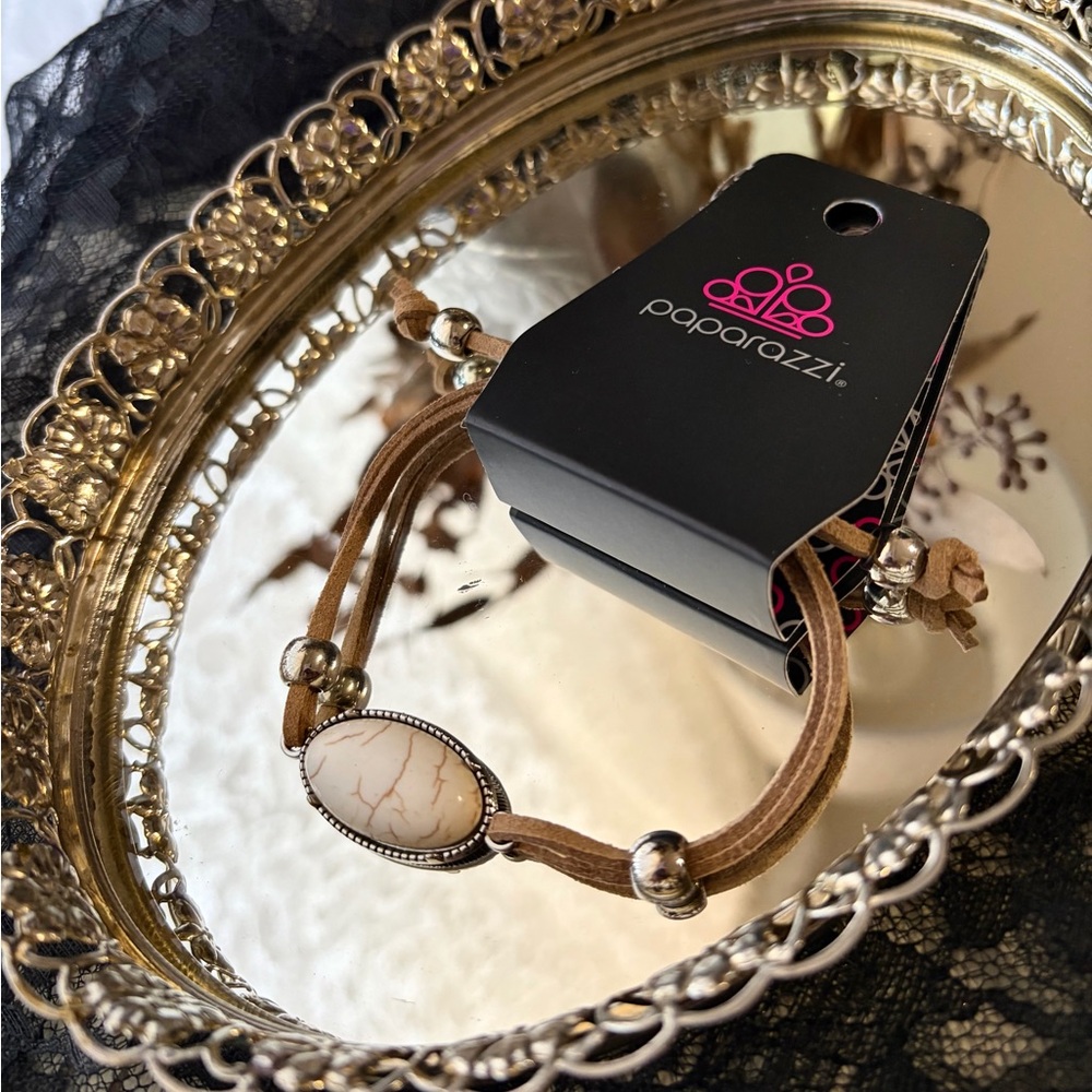 Paparazzi Tan Bracelet with White Stone and Silver Accents